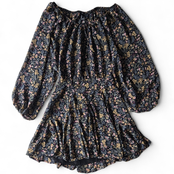 Forever 21 Ditsy Floral Back Cutout Peasant Sleeve Mini Dress - Picture 2 of 13